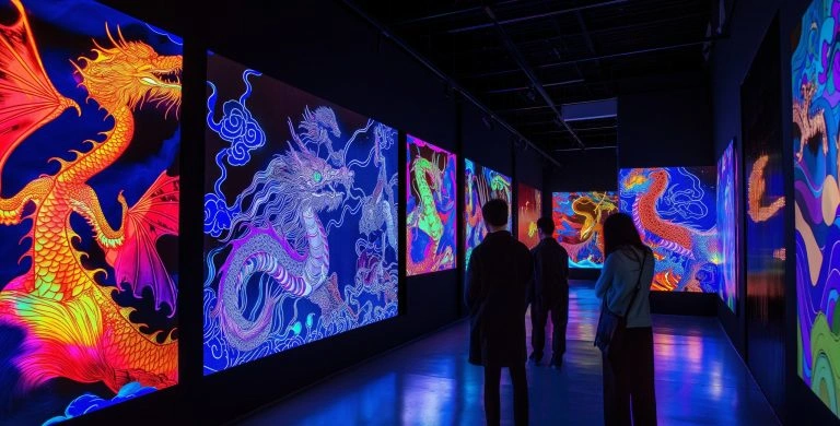 Indoor event with vertical LED panels displaying vibrant dragon artwork